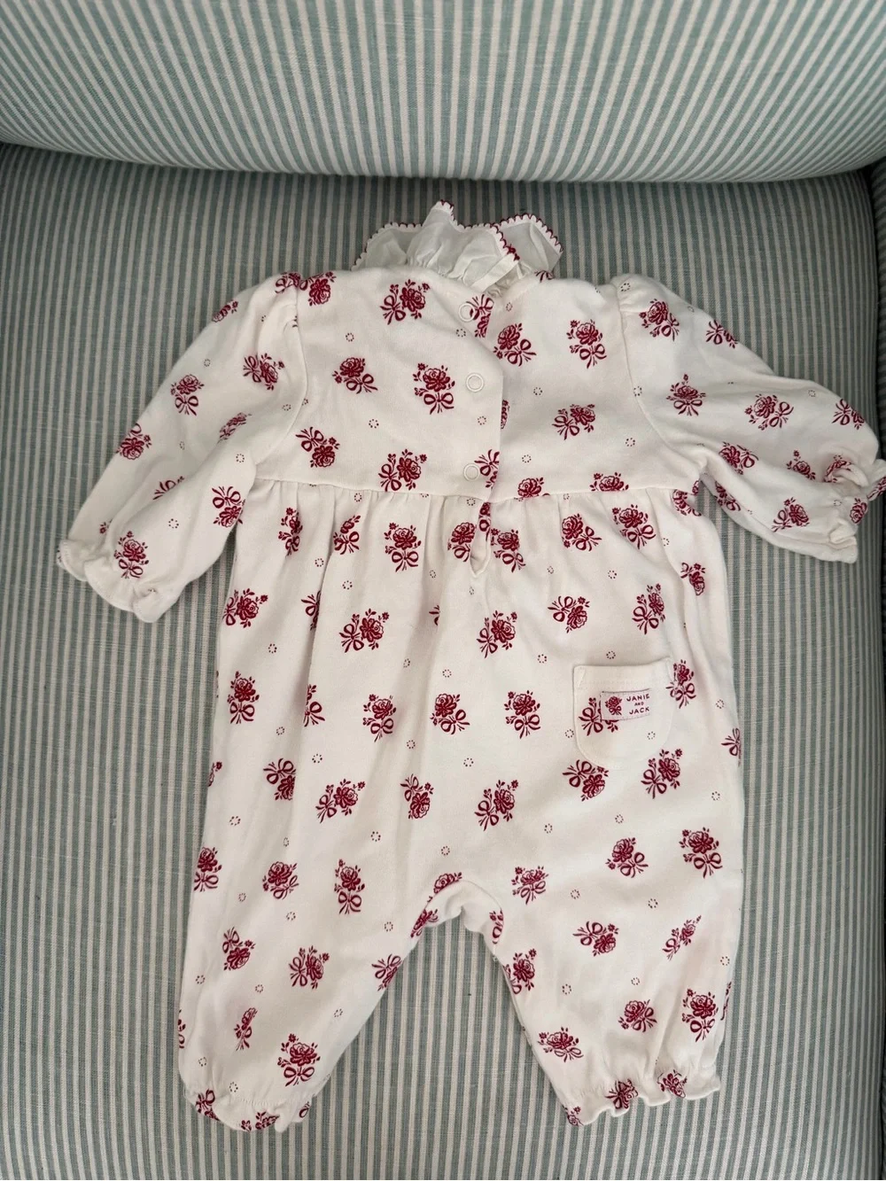 Janie and Jack White One-Piece with Red Floral Print and Ruffle Collar - 3M